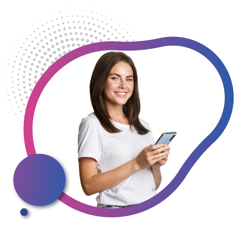 Woman holding phone showing positive digital experience